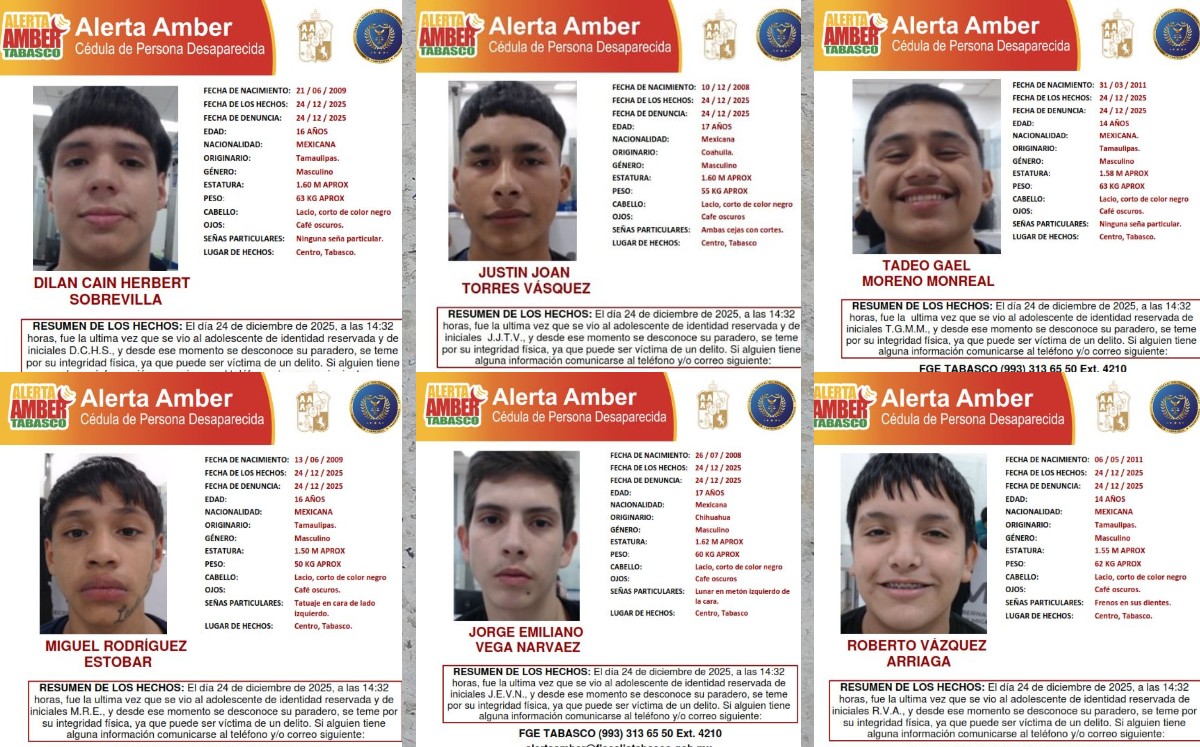 Activan alerta amber por seis jóvenes desaparecidos en Tabasco; ellos son