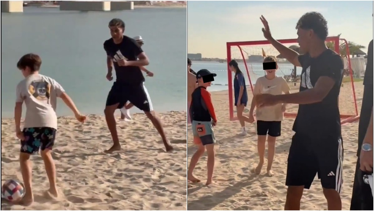 Lamine Yamal sorprende a niños y se une a su reta en una playa en Dubai | VIDEO