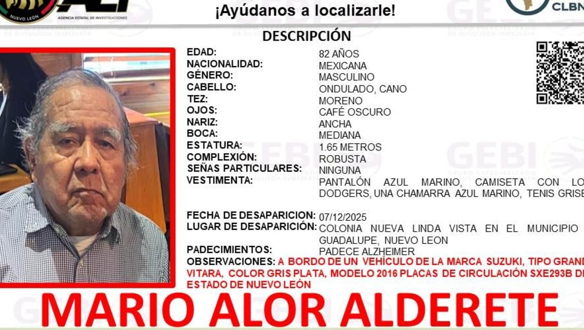 Mario Alor Alderete, de 82 años, fue visto por última vez en la colonia Nueva Linda Vista. Foto: Especial