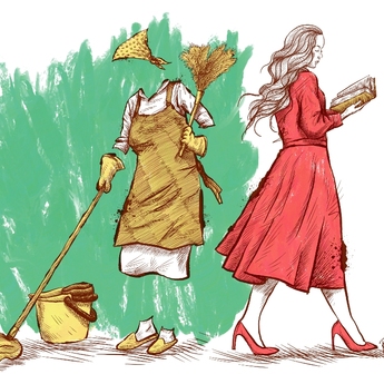 Mujeres que trabajan. Ilustración de una mujer que trabaja fuera, en vez de ser ama de casa. Ambas son mujeres trabajadoras.