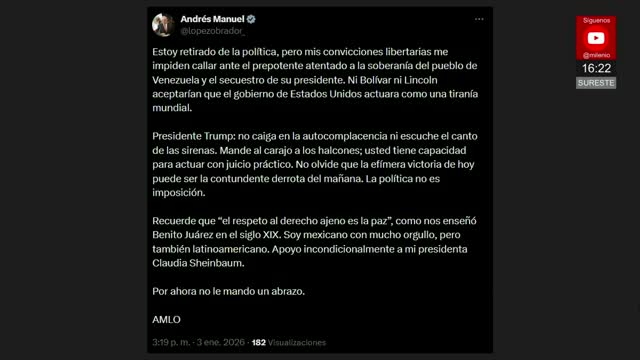 AMLO condena arresto de Nicolás Maduro y califica acción de Estados Unidos como tiranía mundial