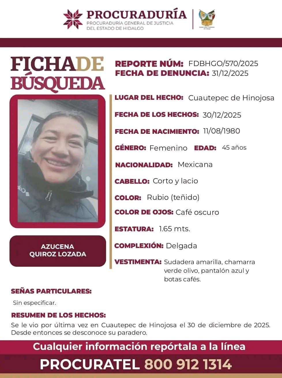 Azucena N. fue reportada como desaparecida el 30 de diciembre en Hidalgo.