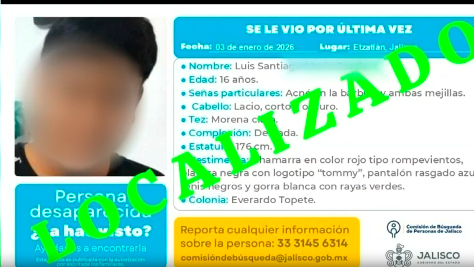 Localizan con vida a adolescente desaparecido en Etzatlán, Jalisco