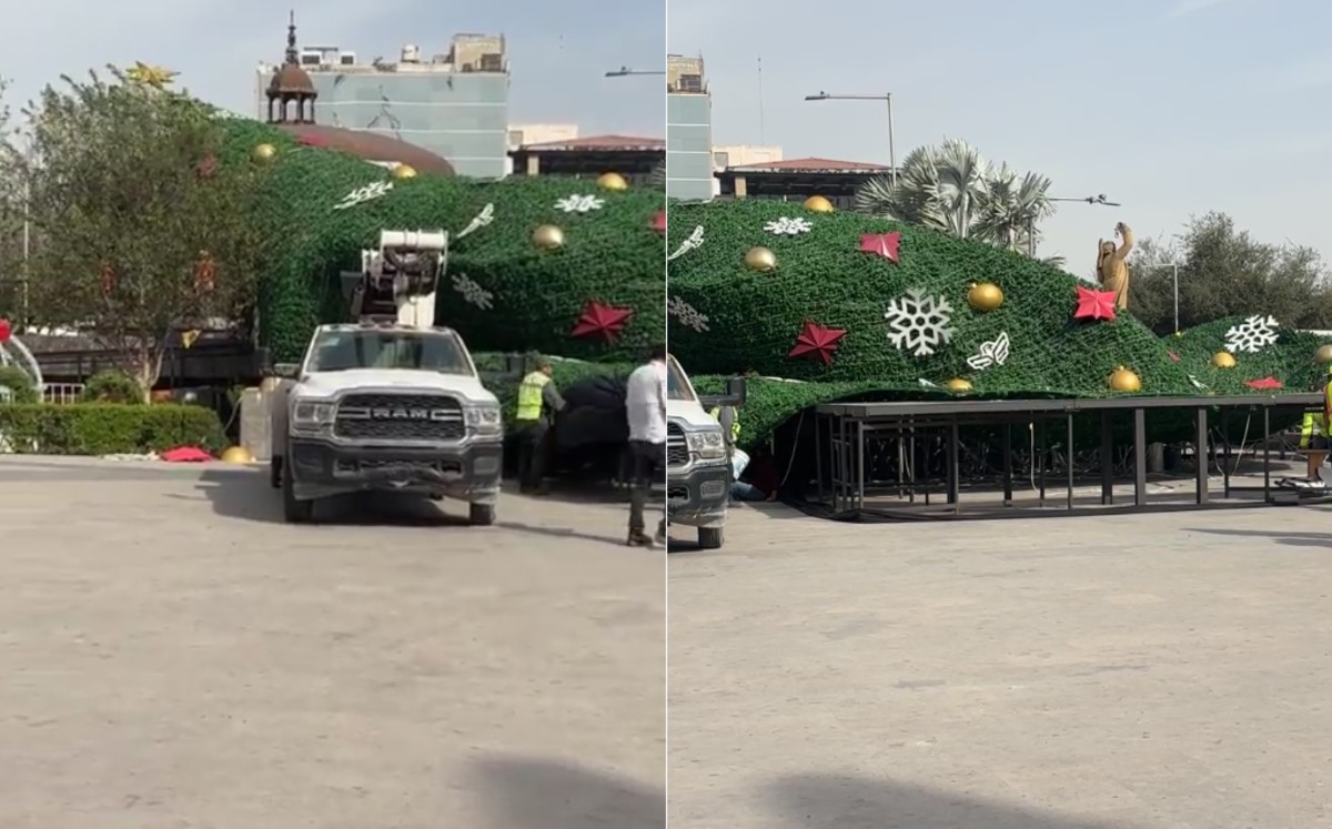 Se cae el pino navideño de Reynosa. | Captura de pantalla en Telediario