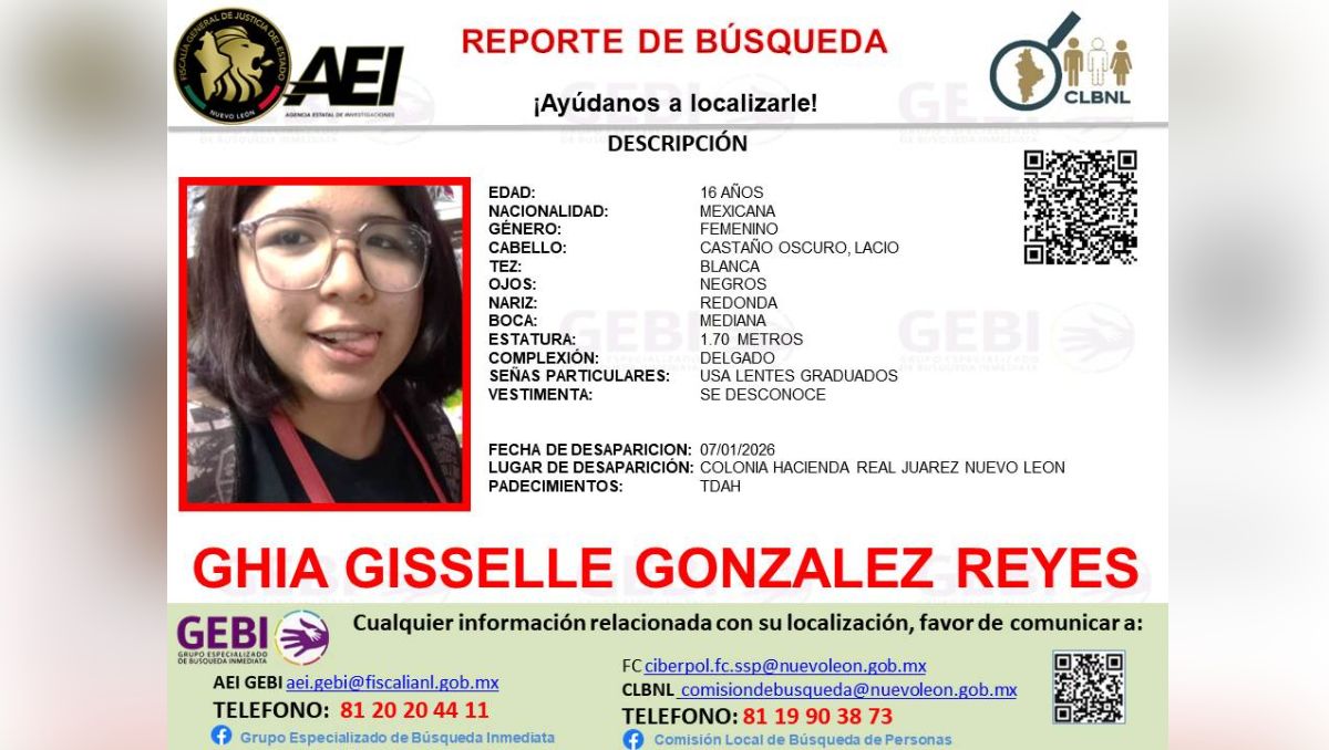 Ficha de búsqueda de Ghia Giselle González Reyes. | Especial