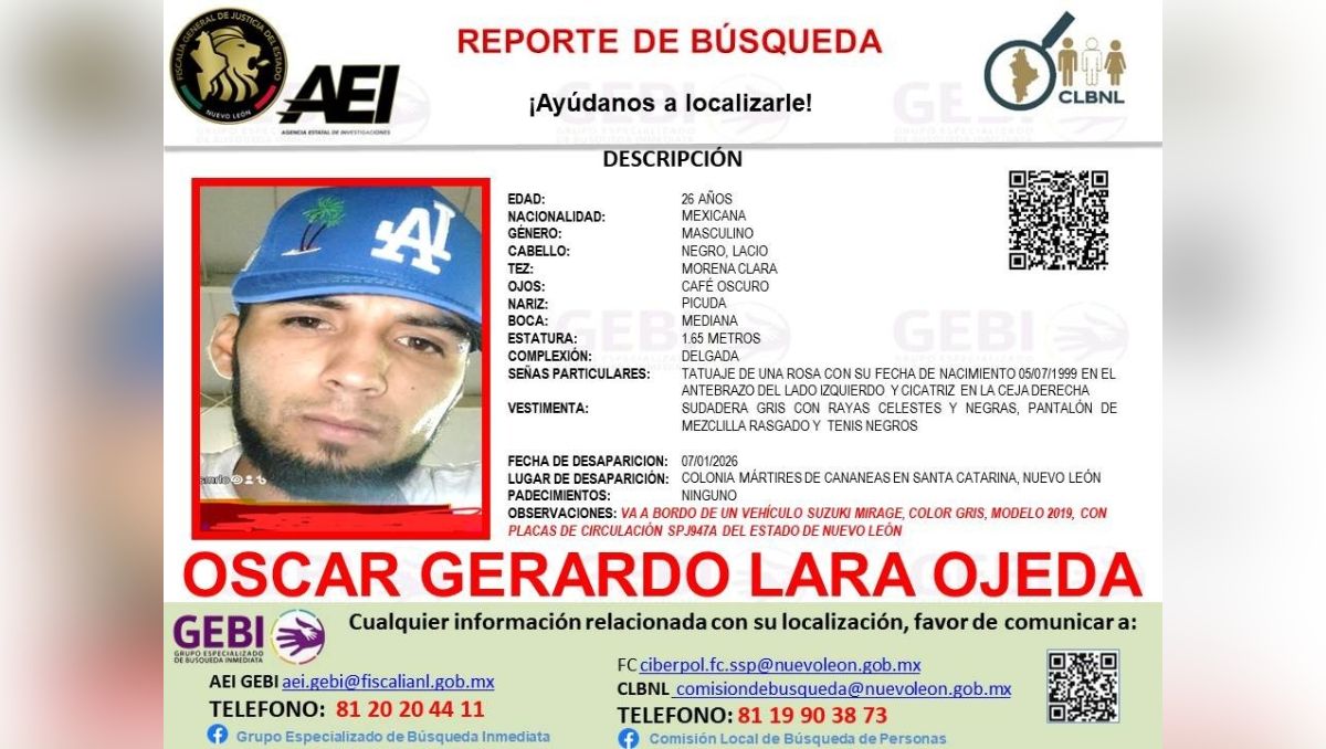 Autoridades emitieron una ficha de búsqueda para localizar a Oscar Gerardo Lara Ojeda. | Especial