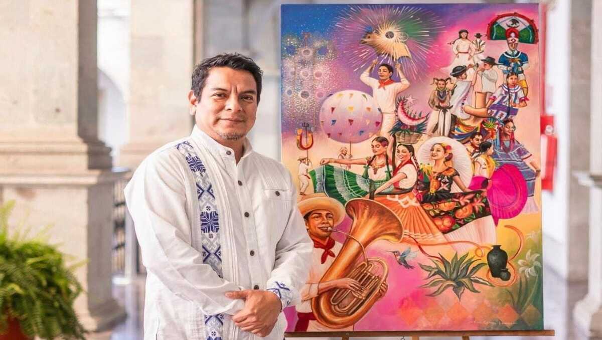 Artista plástico Noel Gómez Lorenzo gana concurso de la Guelaguetza con su pintura sobre el evento