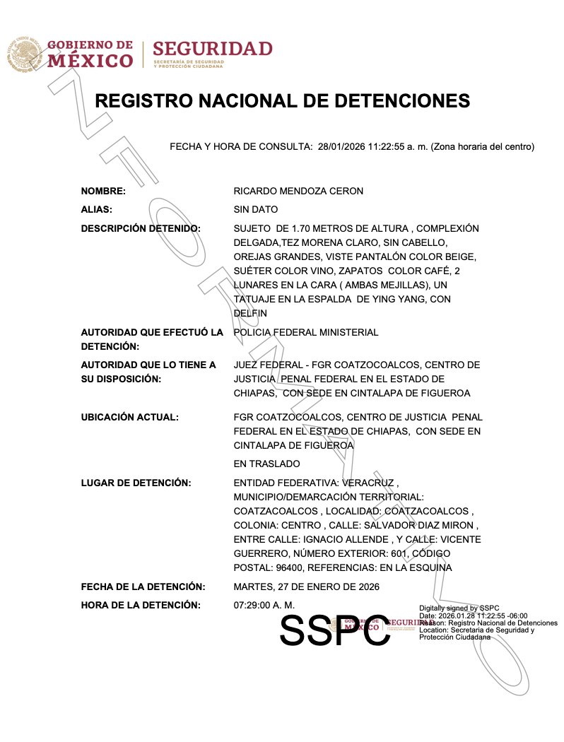 Registro de detención de Ricardo 'N' por accidente del Tren Interoceánico. Foto: (FGR)