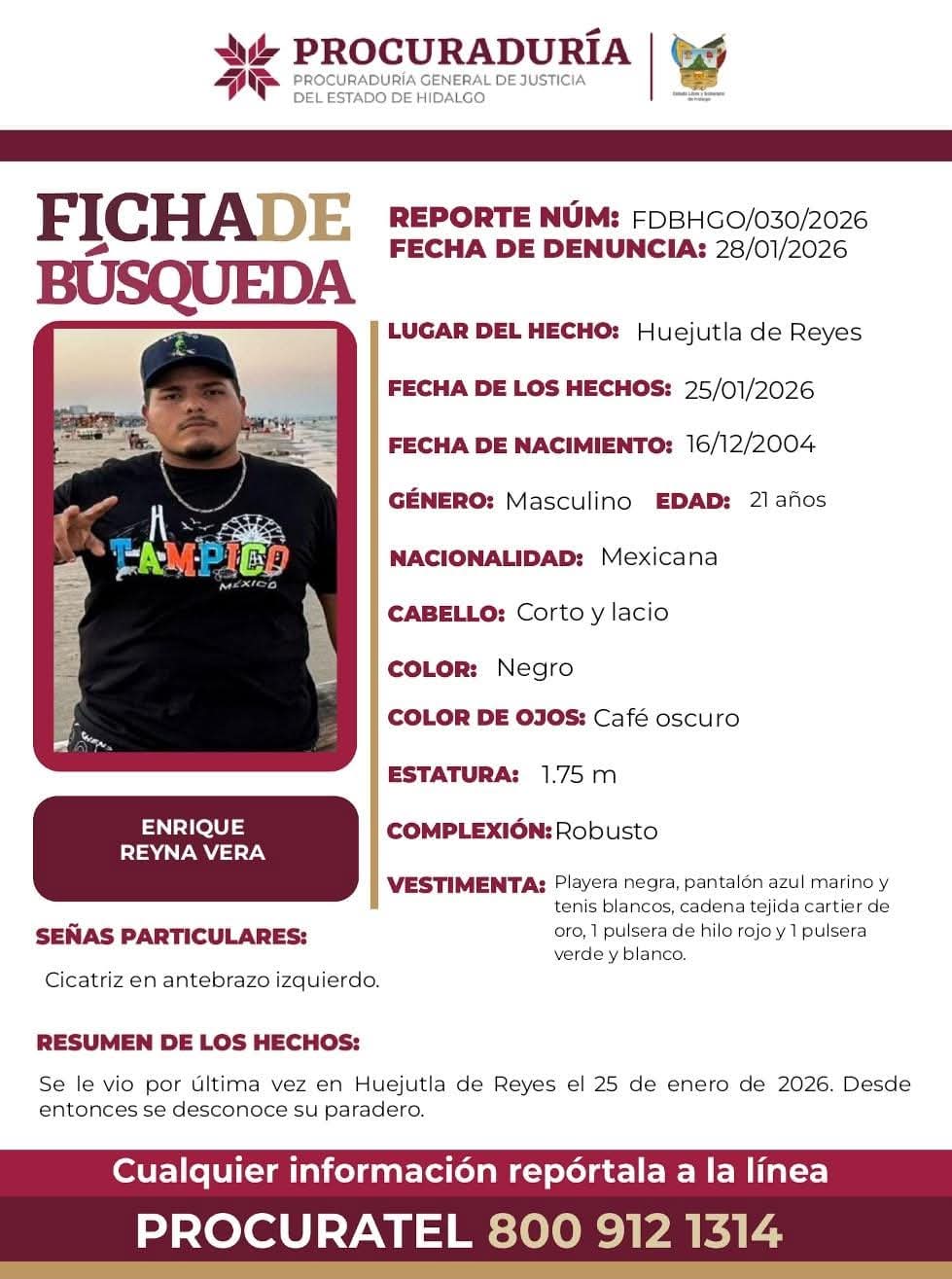 Emiten ficha de búsqueda para localizar a Enrique Reyna Vera. (Cortesía)