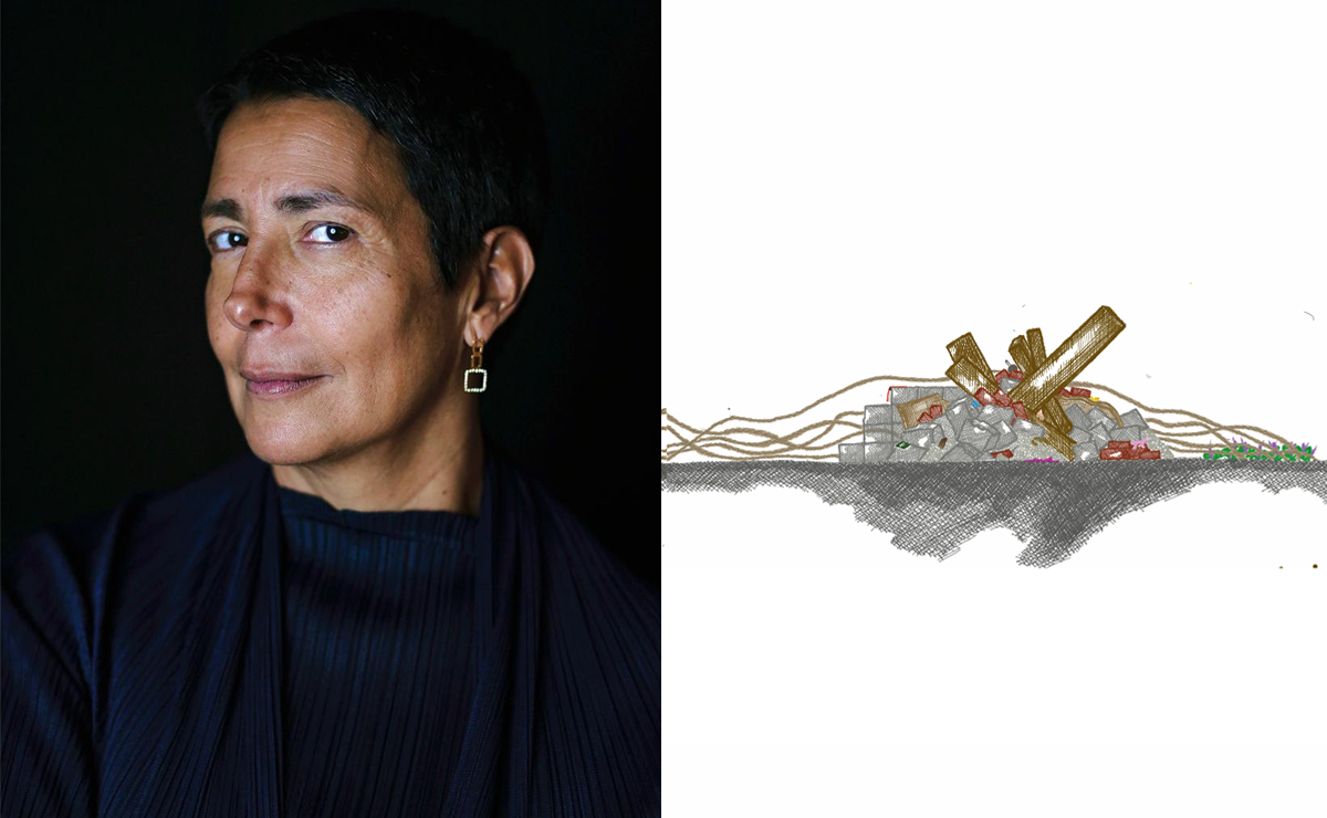 A la izquierda, la artista Ximena Alarcón; a la derecha, un boceto de la instalación. (Cortesía)