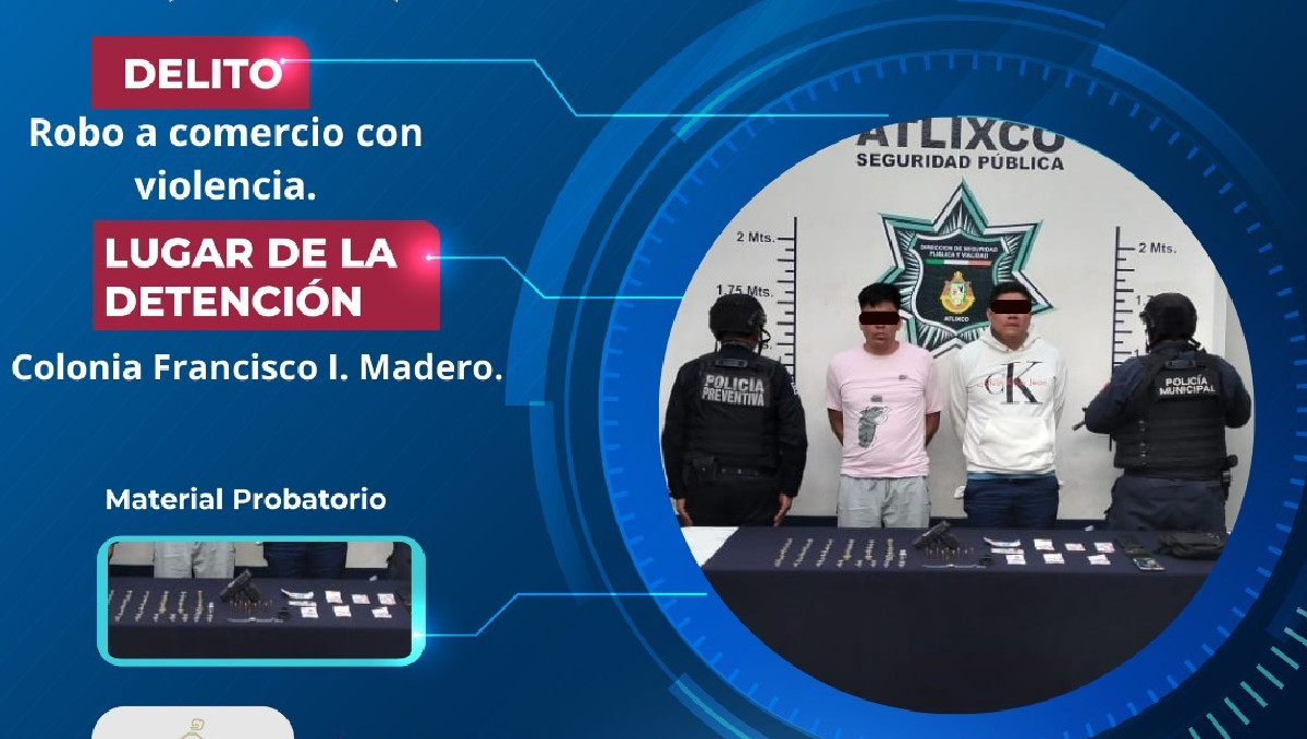 Secretaría de Seguridad Ciudadana detiene a dos personas por robo a comercio y aseguran arma en Atlixco, Puebla | Especial