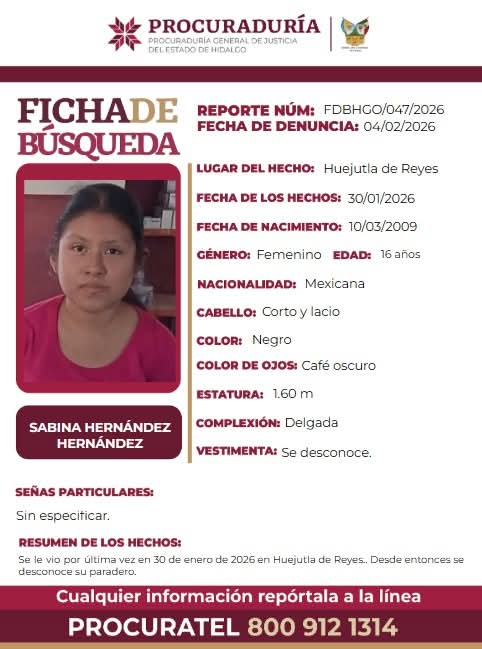 Buscan a Sabina Hernández de 16 años en Huejutla. (Cortesía)