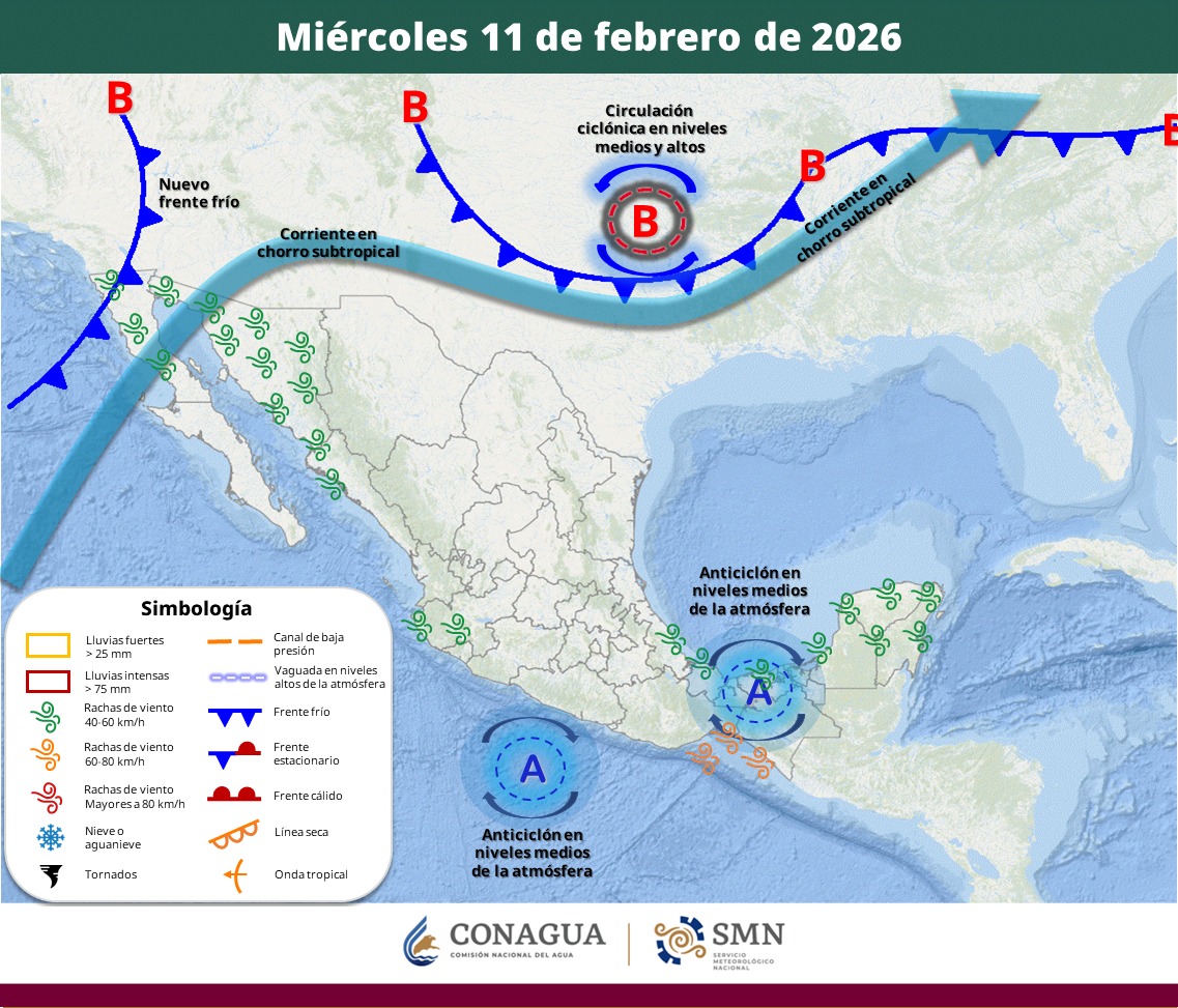 Anticiclón y Circulación ciclónica en México el 11 de febrero | SMN Conagua