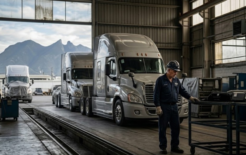 El Inegi reportó una caída crítica del 50.49% en la producción de vehículos pesados en el primer bimestre. | Imagen generada por Gemini