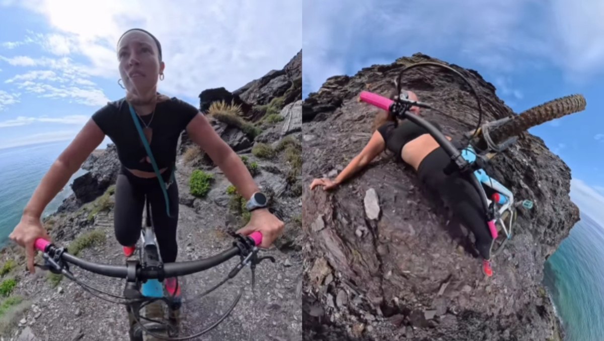Ciclista Cecilia Sopeña se lleva un gran susto al casi caer por un acantilado (Instagram @cartagena.bici17)