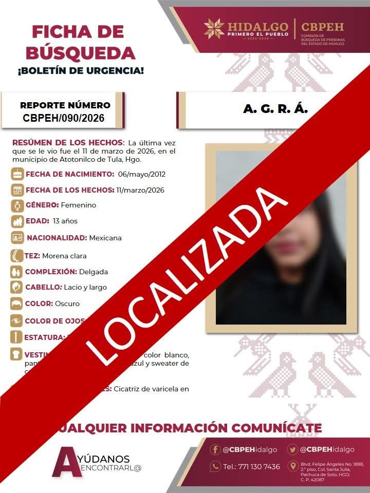 Localizan a A.G.R.A de 13 años de edad. (Cortesía)