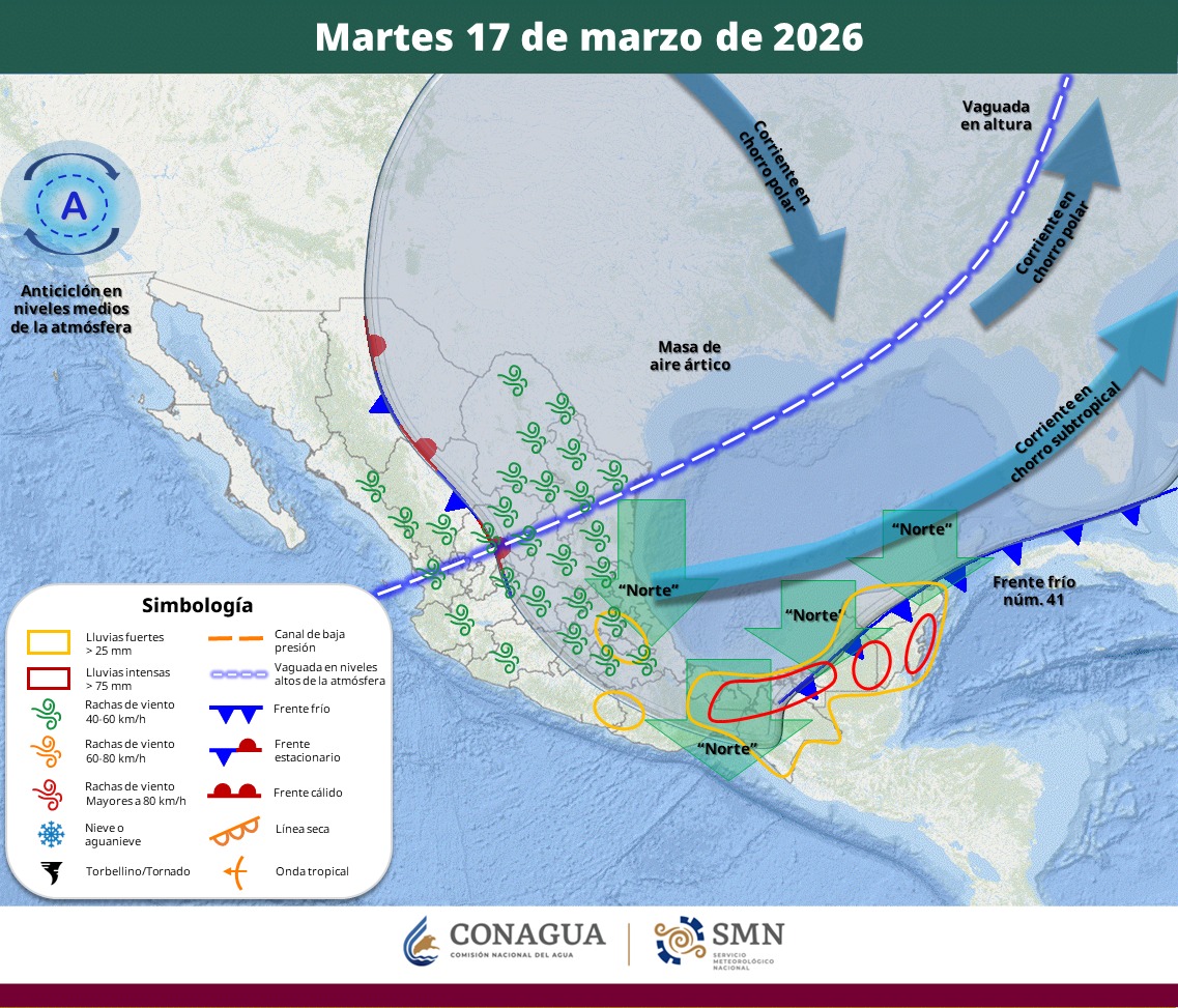 Sistemas meteorológicos en México el martes 17 de marzo | SMN Conagua