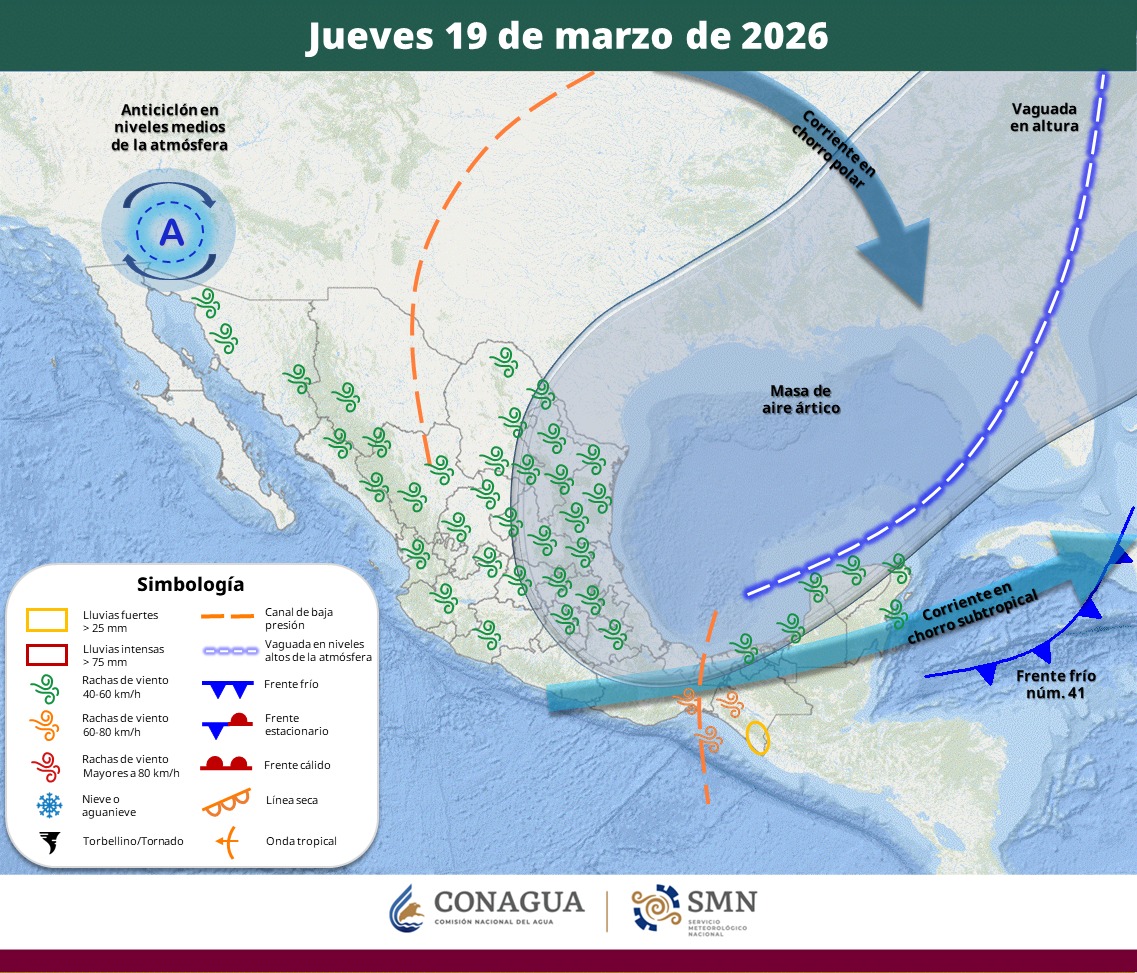 Sistemas meteorológicos en México el jueves 19 de marzo | SMN Conagua