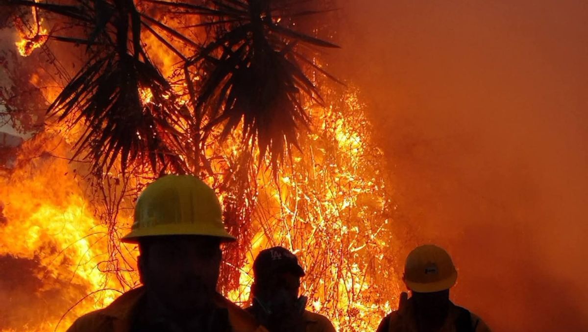 Elementos de emergencia trabajan en el incendio que dejó dos combatientes fallecidos en Michoacán. | Especial