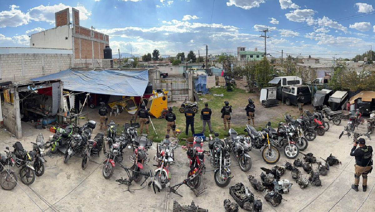En el predio localizaron 32 motos y herramientas utilizadas para separar piezas de autos. Foto: (Especial)