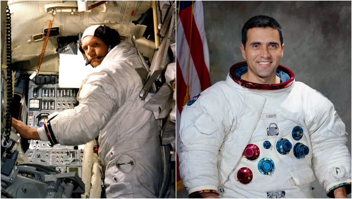 Neil Armstrong y Harrison Schmitt, el primero y el último ser humano, hasta el momento, en pisar la Luna | NASA