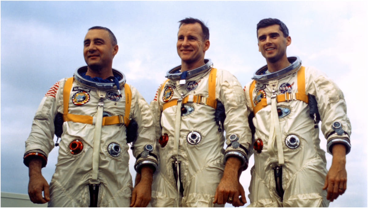 Los astronautas de la misión Apolo 1, Grissom, White y Chaffee, de izquierda a derecha | NASA