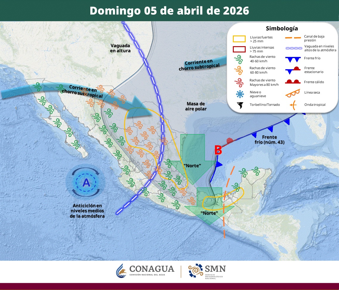 Frente frío 43 en México el domingo 5 de abril | SMN Conagua