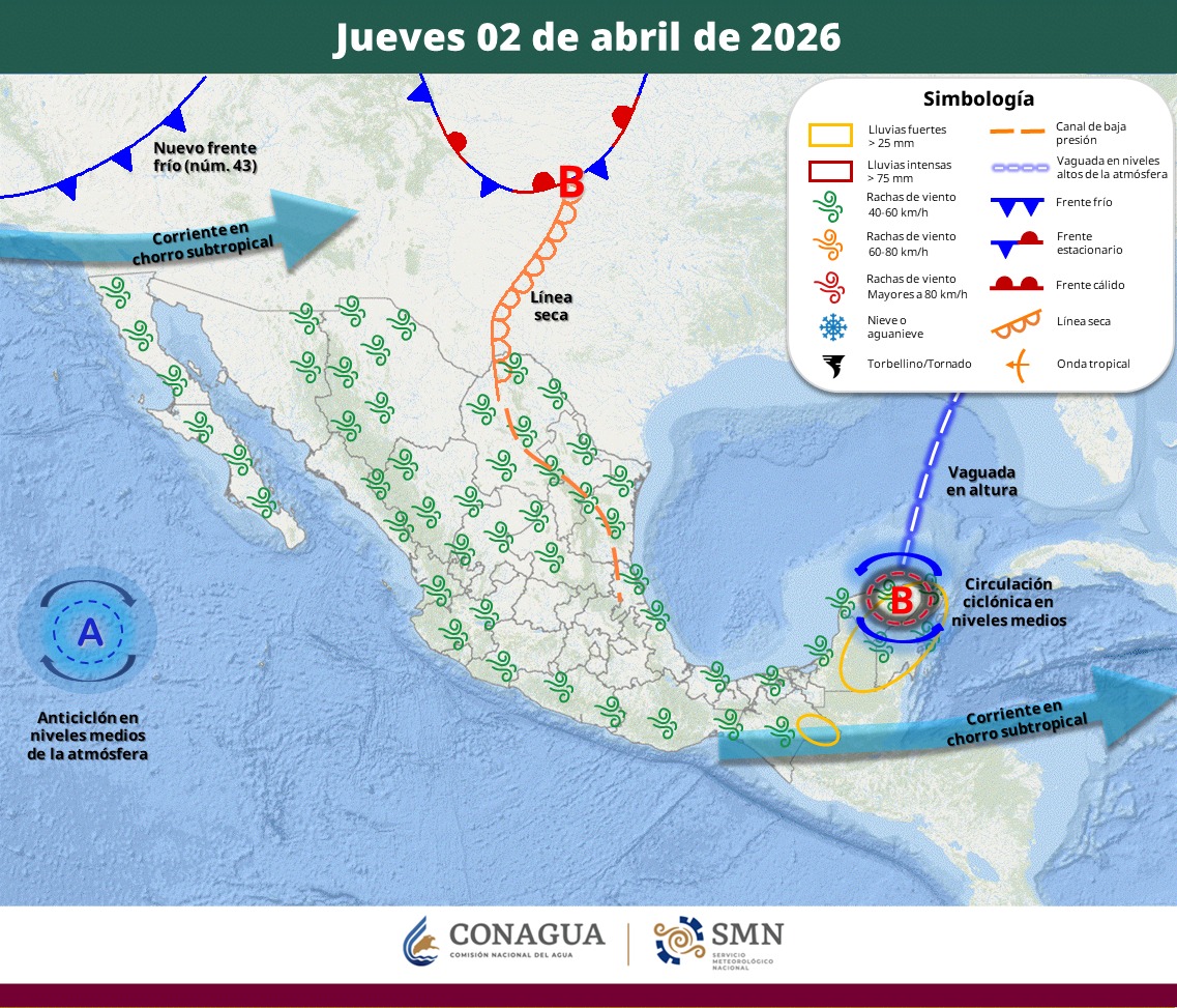 Frente frío 43 en México el jueves 2 de abril | SMN Conagua