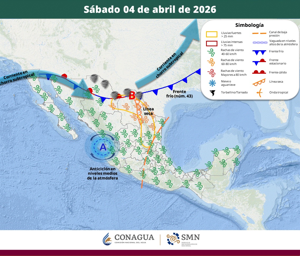 Frente frío 43 en México el sábado 4 de abril | SMN Conagua