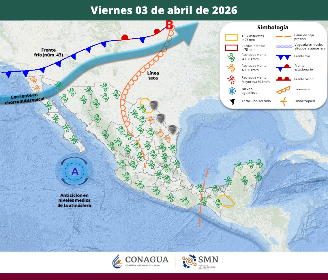 Frente frío 43 en México el viernes 3 de abril | SMN Conagua
