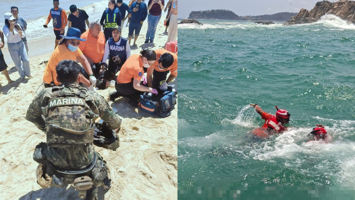 Marinos rescatan a dos personas que estuvieron a punto de ahogarse en Baja California y Oaxaca; los llevaron a zonas seguras.