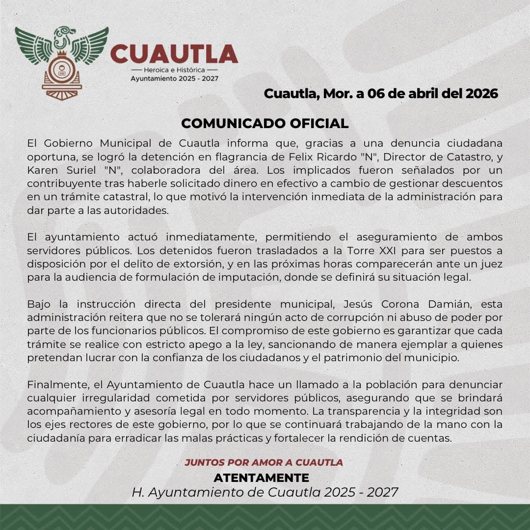 Comunicado oficial del Ayuntamiento de Cuautla sobre las detenciones. | Especial
