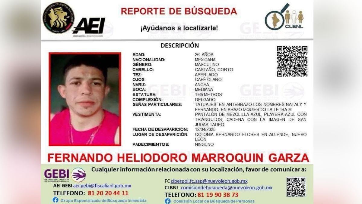 Se mantiene la búsqueda de Fernando Marroquín, desaparecido desde hace un año en Allende, Nuevo León