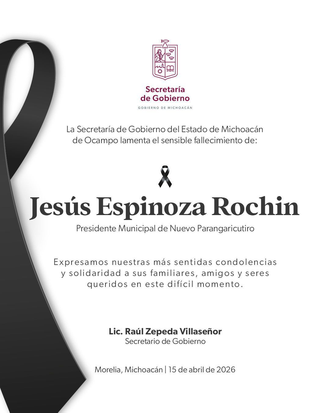 Comunicado de la Secretaría de Gobierno de Michoacán sobre el fallecimiento de Jesús Espinoza Rochín. | Especial