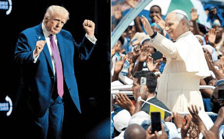 León XIV advirtió que no le tiene “ningún temor” al mandatario estadunidense. EVAN VUCC Y GUGLIELMO MANGIAPANE/REUTERS