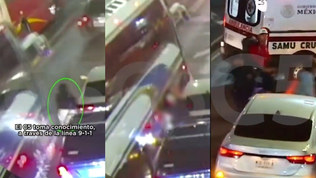 Mujer queda prensada entre un autobús y su automóvil tras un percance vial. | Especial