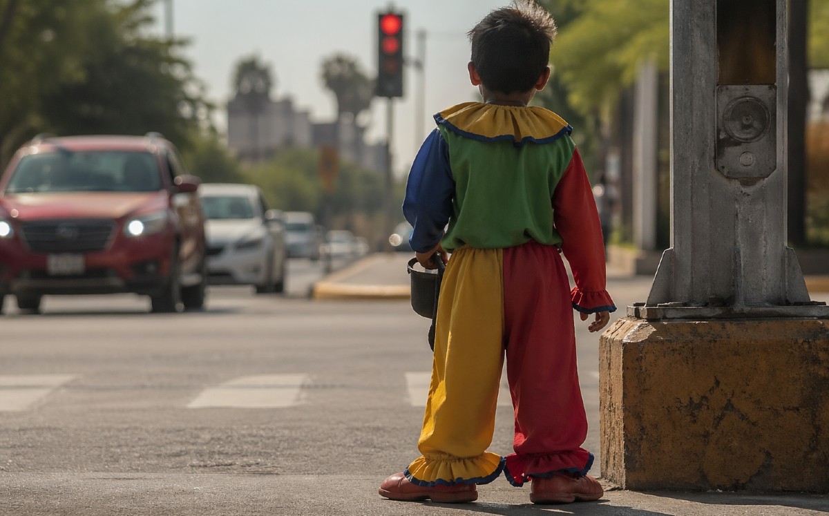 Niños vestidos de payasitos pedían dinero en cruceros de Reynosa. | IA