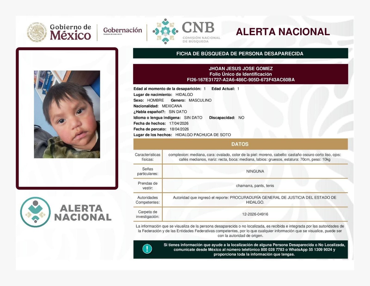 Emite CNB alerta nacional de búsqueda para localizar a 12 hidalguenses, entre ellos hay cuatro menores de edad