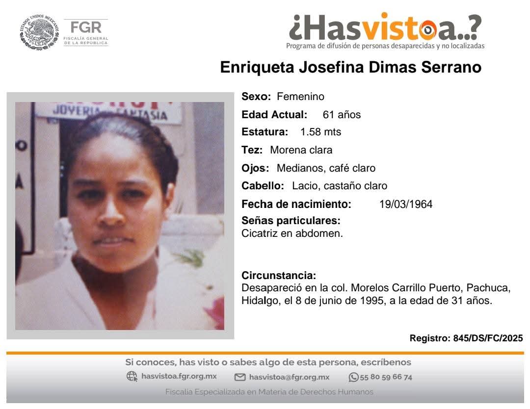 FGR difunde ficha de búsqueda de mujer hidalguense desaparecida en Pachuca hace 30 años. (Cortesía)