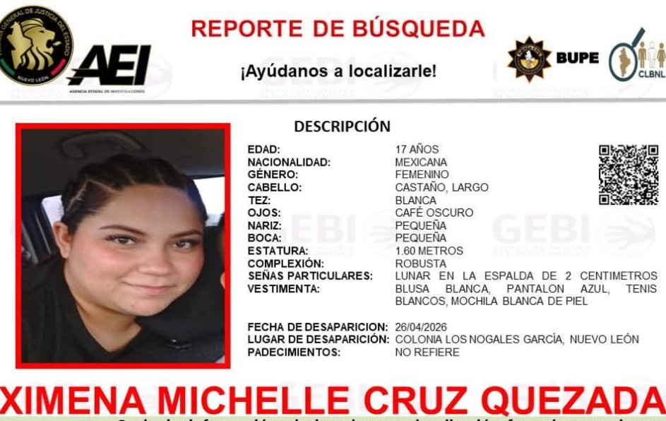 La menor fue vista por última vez durante la madrugada del sábado 26 de abril en la colonia Los Nogales. | Especial
