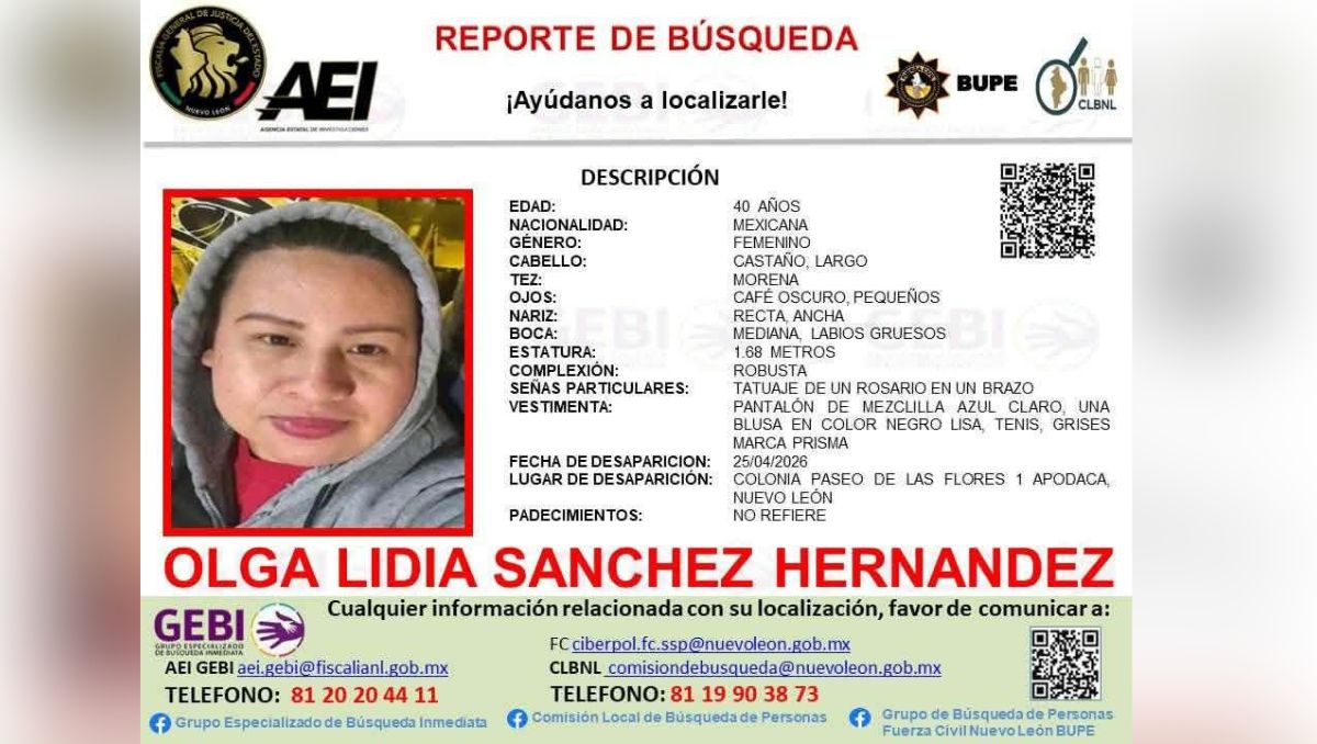 Olga Lidia Sánchez Hernández fue vista por última vez en Apodaca. | Especial