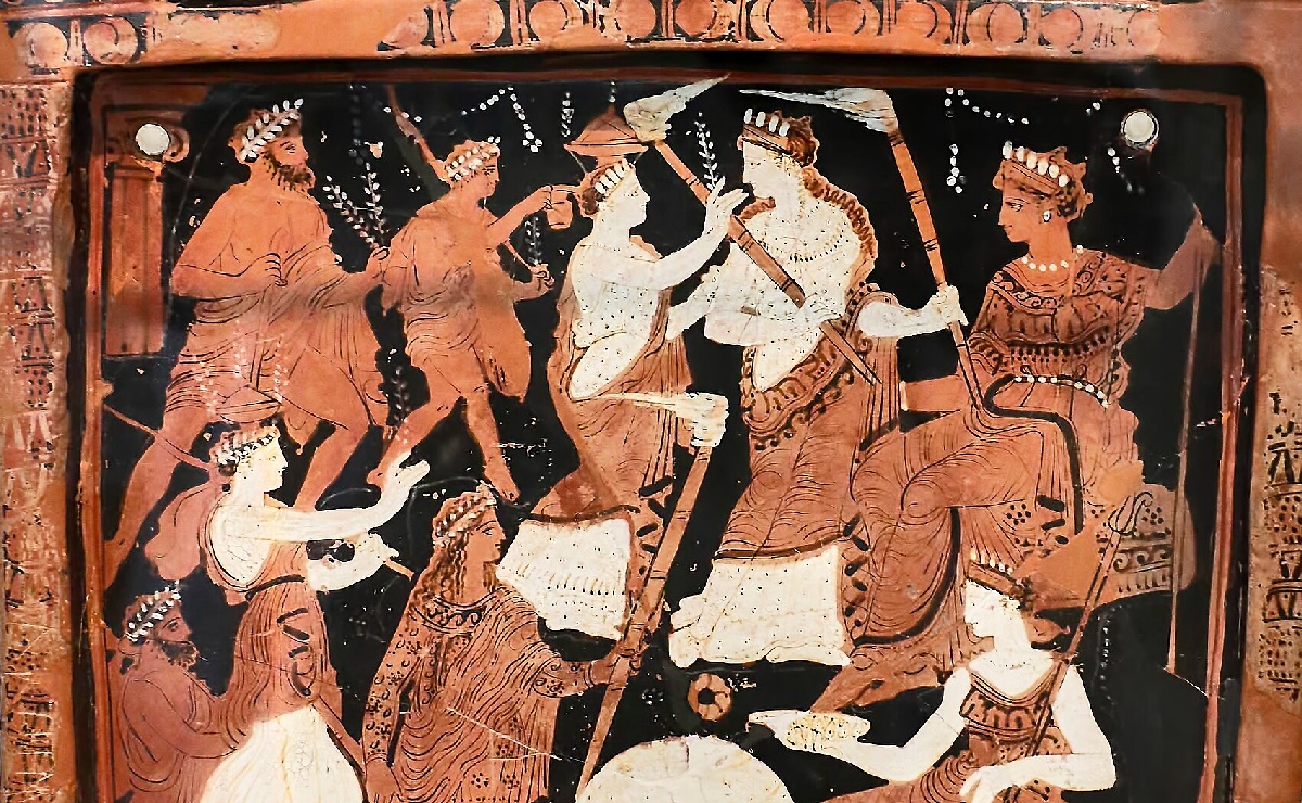 Detalle de la Tablilla de Ninnío, 370 a. C. Representación de los misterios eleusinos. (Wikimedia Commons)