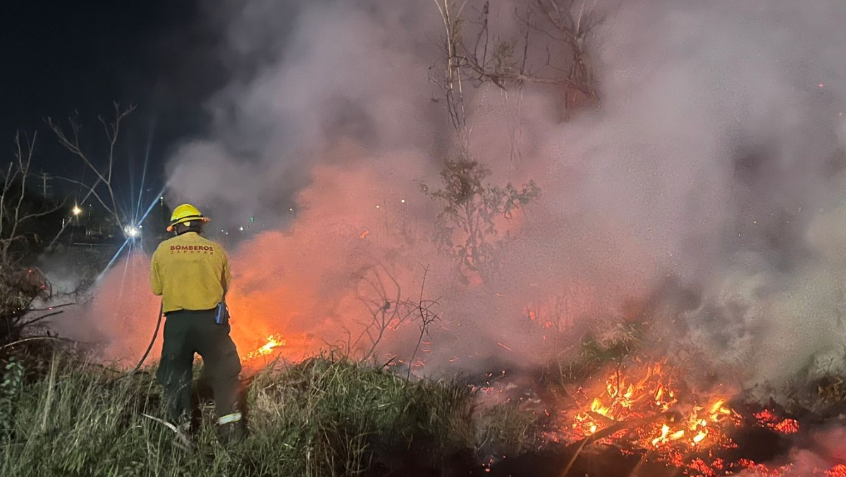 Bomberos de Zapopan y brigadistas del centro universitario trabajan esta noche para sofocar el incendio (Foto: Cortesía)