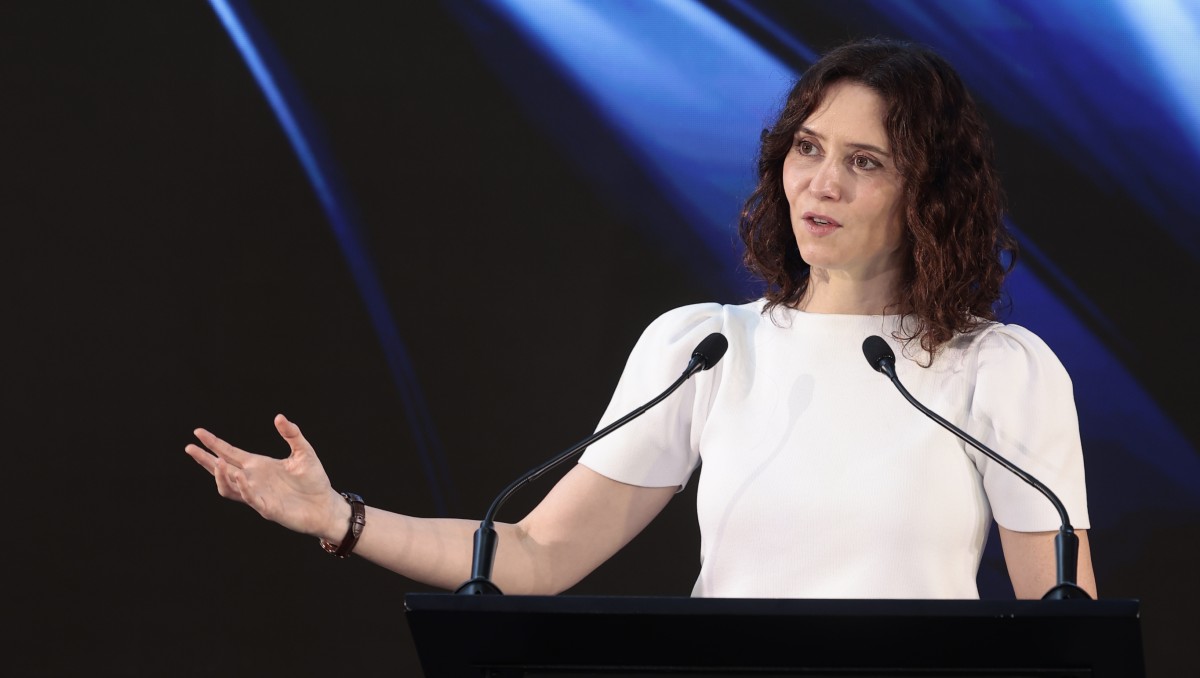 Isabel Díaz Ayuso durante un encuentro con miembros de la comunidad de la Universidad de la Libertad. | EFE