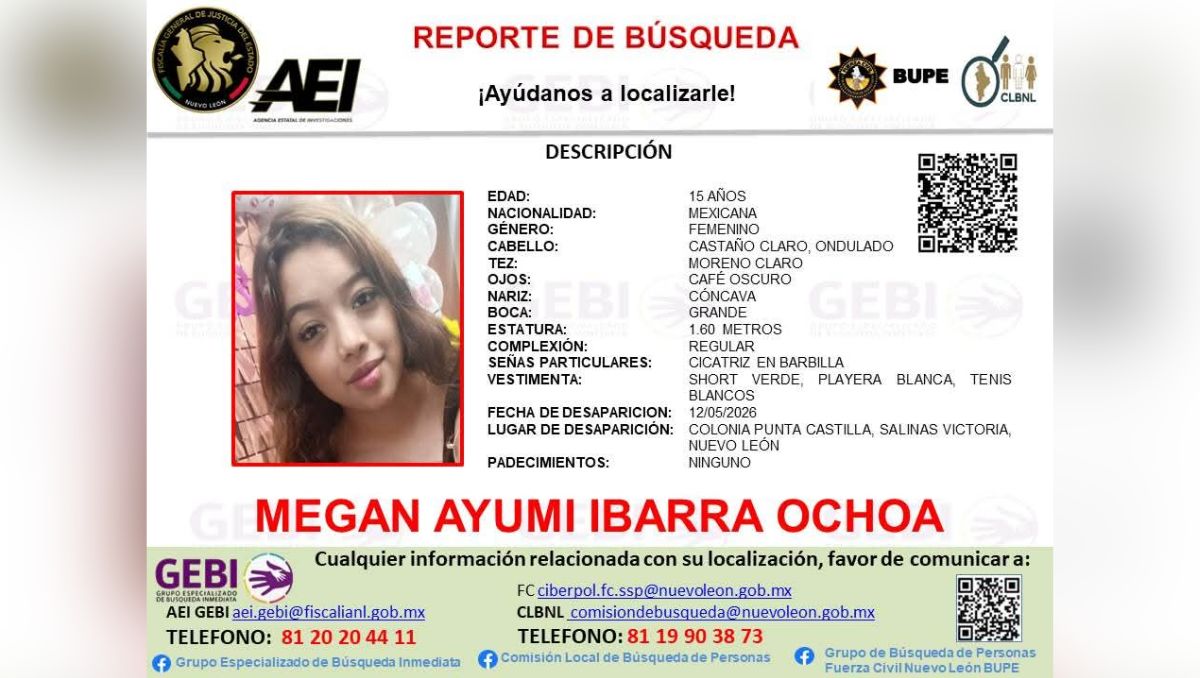 Autoridades emitieron una ficha de búsqueda para localizar a Megan Ayumi Ibarra Ochoa. | Especial