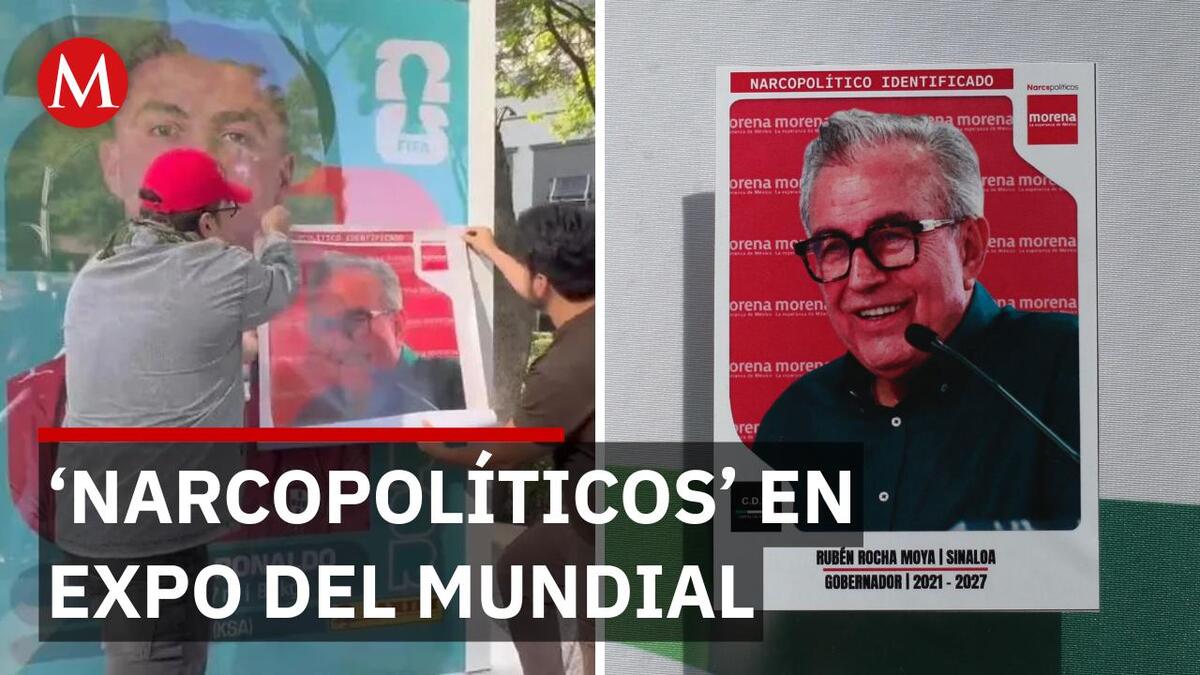 Narcopolíticos coloca stickers contra Rocha Moya y acusados
