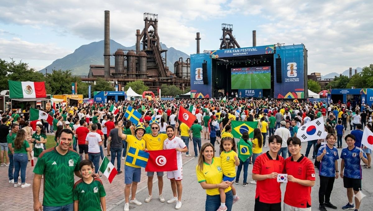Se espera que el Fan Fest en Monterrey reúna a aficionados de diferentes países para que disfruten de partidos, música y comida. Imagen creada con IA