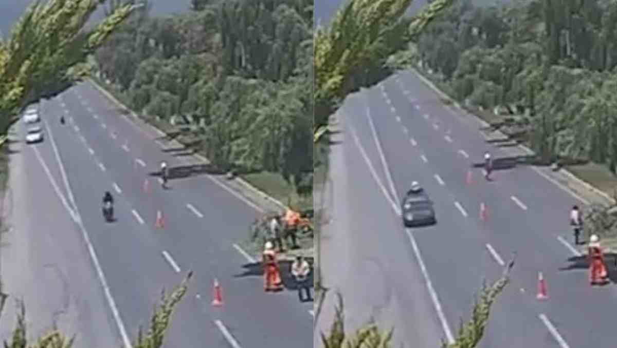 En el video se observa a una mujer desciende rápidamente del automóvil y cruza los carriles de alta velocidad. Foto: Especial