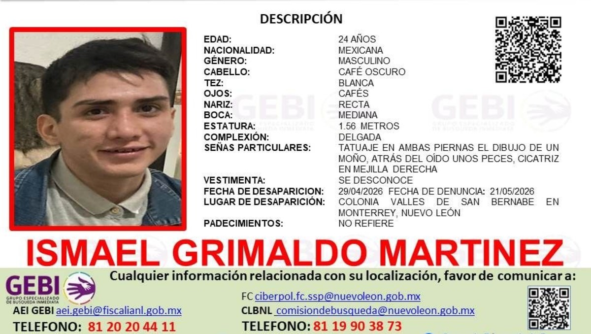 Ismael Grimaldo Martínez fue visto por última vez en la colonia Valles de San Bernabé, en Monterrey. Foto: Especial