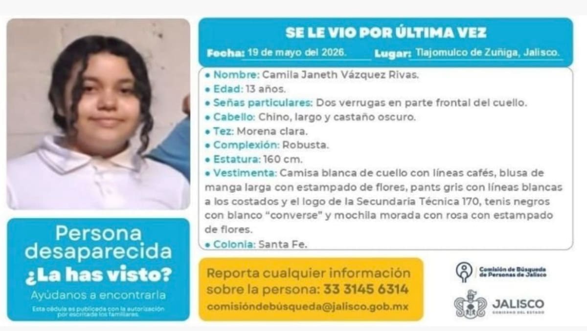 Camila Janeth tiene 13 años de edad  y es estudiante de secundaria | Comisión de Búsqueda de Jalisco